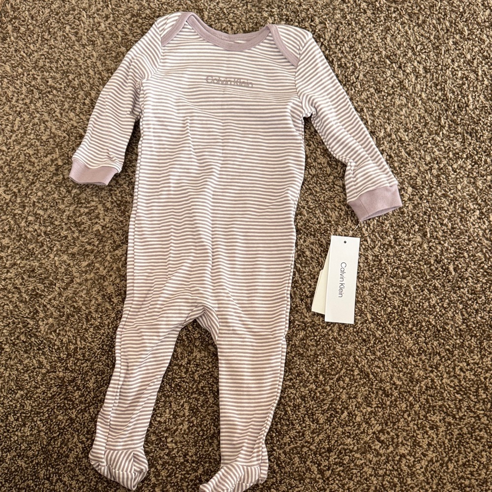 Calvin Klein Striped Footed One-Piece in Light Mauve and White